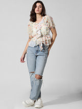 Women's White Woven Casual Printed Regular Fit Half Sleeves Top