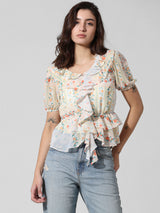 Women's White Woven Casual Printed Regular Fit Half Sleeves Top
