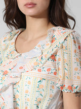Women's White Woven Casual Printed Regular Fit Half Sleeves Top