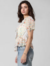 Women's White Woven Casual Printed Regular Fit Half Sleeves Top