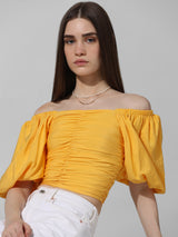 Women's Yellow Woven Casual Solid Cropped Half Sleeves Top