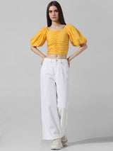 Women's Yellow Woven Casual Solid Cropped Half Sleeves Top