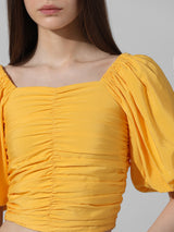 Women's Yellow Woven Casual Solid Cropped Half Sleeves Top