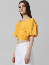 Women's Yellow Woven Casual Solid Cropped Half Sleeves Top