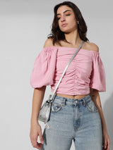 Women's Pink Woven Casual Solid Cropped Half Sleeves Top