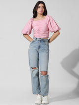 Women's Pink Woven Casual Solid Cropped Half Sleeves Top