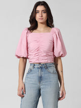 Women's Pink Woven Casual Solid Cropped Half Sleeves Top