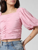 Women's Pink Woven Casual Solid Cropped Half Sleeves Top