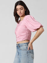 Women's Pink Woven Casual Solid Cropped Half Sleeves Top