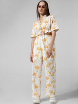 Women's White Woven Casual Printed Regular Fit Pant