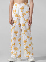 Women's White Woven Casual Printed Regular Fit Pant
