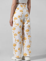 Women's White Woven Casual Printed Regular Fit Pant