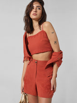 Women's Red Woven Casual Solid Cropped Sleeveless Top