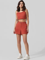 Women's Red Woven Casual Solid Cropped Sleeveless Top