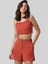 Women's Red Woven Casual Solid Cropped Sleeveless Top