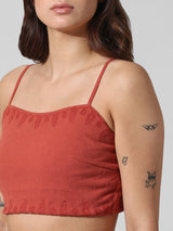 Women's Red Woven Casual Solid Cropped Sleeveless Top