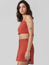 Women's Red Woven Casual Solid Cropped Sleeveless Top