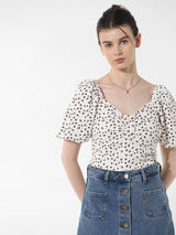 Women's White Woven Casual Printed Regular Fit Half Sleeves Top