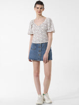 Women's White Woven Casual Printed Regular Fit Half Sleeves Top