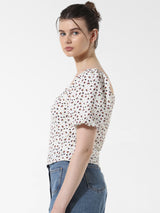Women's White Woven Casual Printed Regular Fit Half Sleeves Top