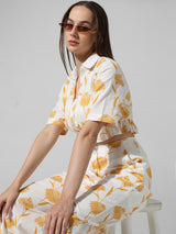 Women's White Woven Casual Printed Cropped Half Sleeves Shirt