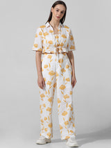 Women's White Woven Casual Printed Cropped Half Sleeves Shirt