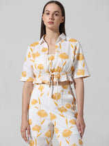 Women's White Woven Casual Printed Cropped Half Sleeves Shirt