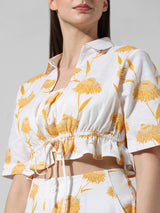 Women's White Woven Casual Printed Cropped Half Sleeves Shirt