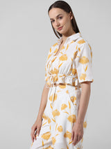 Women's White Woven Casual Printed Cropped Half Sleeves Shirt
