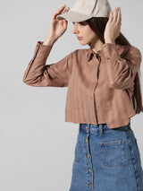 Women's Brown Woven Casual Solid Cropped Half Sleeves Shirt