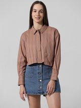 Women's Brown Woven Casual Solid Cropped Half Sleeves Shirt