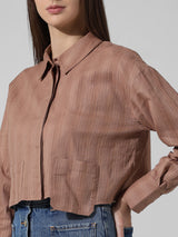 Women's Brown Woven Casual Solid Cropped Half Sleeves Shirt