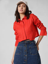 Women's Red Woven Casual Solid Cropped Half Sleeves Shirt