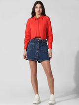 Women's Red Woven Casual Solid Cropped Half Sleeves Shirt