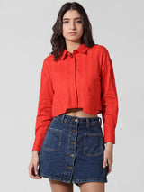 Women's Red Woven Casual Solid Cropped Half Sleeves Shirt