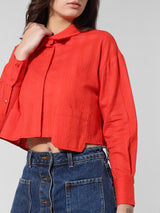 Women's Red Woven Casual Solid Cropped Half Sleeves Shirt