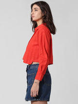 Women's Red Woven Casual Solid Cropped Half Sleeves Shirt