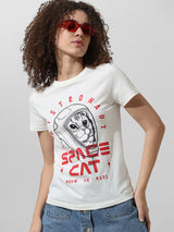 Women's White Knitted Casual Printed Regular Fit Half Sleeves Tshirt