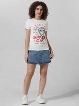 Women's White Knitted Casual Printed Regular Fit Half Sleeves Tshirt
