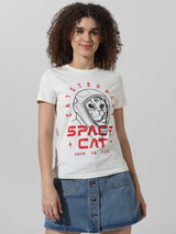 Women's White Knitted Casual Printed Regular Fit Half Sleeves Tshirt