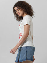 Women's White Knitted Casual Printed Regular Fit Half Sleeves Tshirt