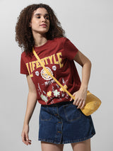 Women's Brown Knitted Casual Printed Longline Half Sleeves Tshirt