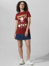 Women's Brown Knitted Casual Printed Longline Half Sleeves Tshirt