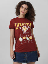 Women's Brown Knitted Casual Printed Longline Half Sleeves Tshirt