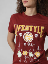 Women's Brown Knitted Casual Printed Longline Half Sleeves Tshirt