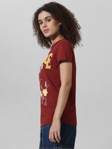 Women's Brown Knitted Casual Printed Longline Half Sleeves Tshirt