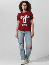 Women's Brown Knitted Casual Printed Regular Fit Half Sleeves Tshirt