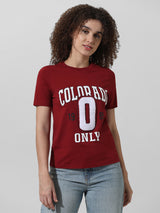 Women's Brown Knitted Casual Printed Regular Fit Half Sleeves Tshirt