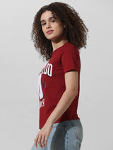 Women's Brown Knitted Casual Printed Regular Fit Half Sleeves Tshirt