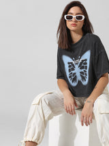 Women's Black Knitted Casual Printed Cropped Half Sleeves Tshirt